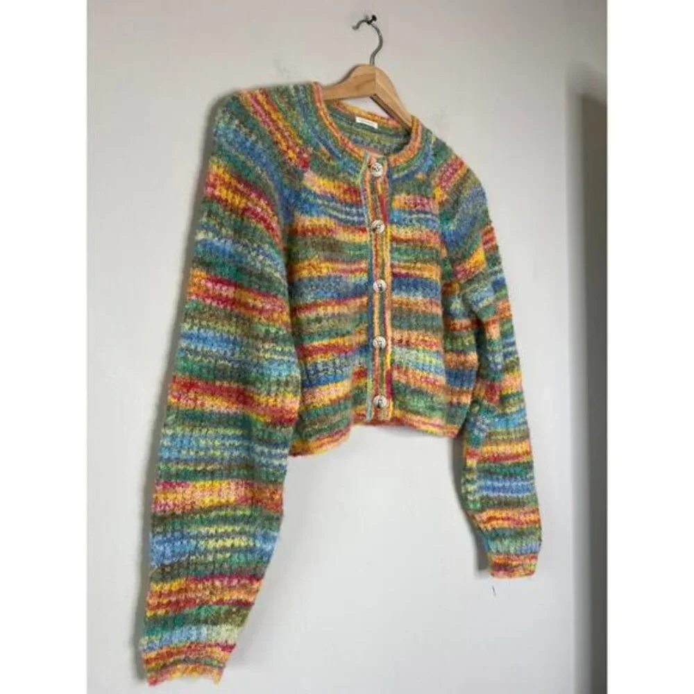 NEW MOTHER The Raglan Crop Crewneck Long Sleeve Cardigan Blue Size: Extra Small